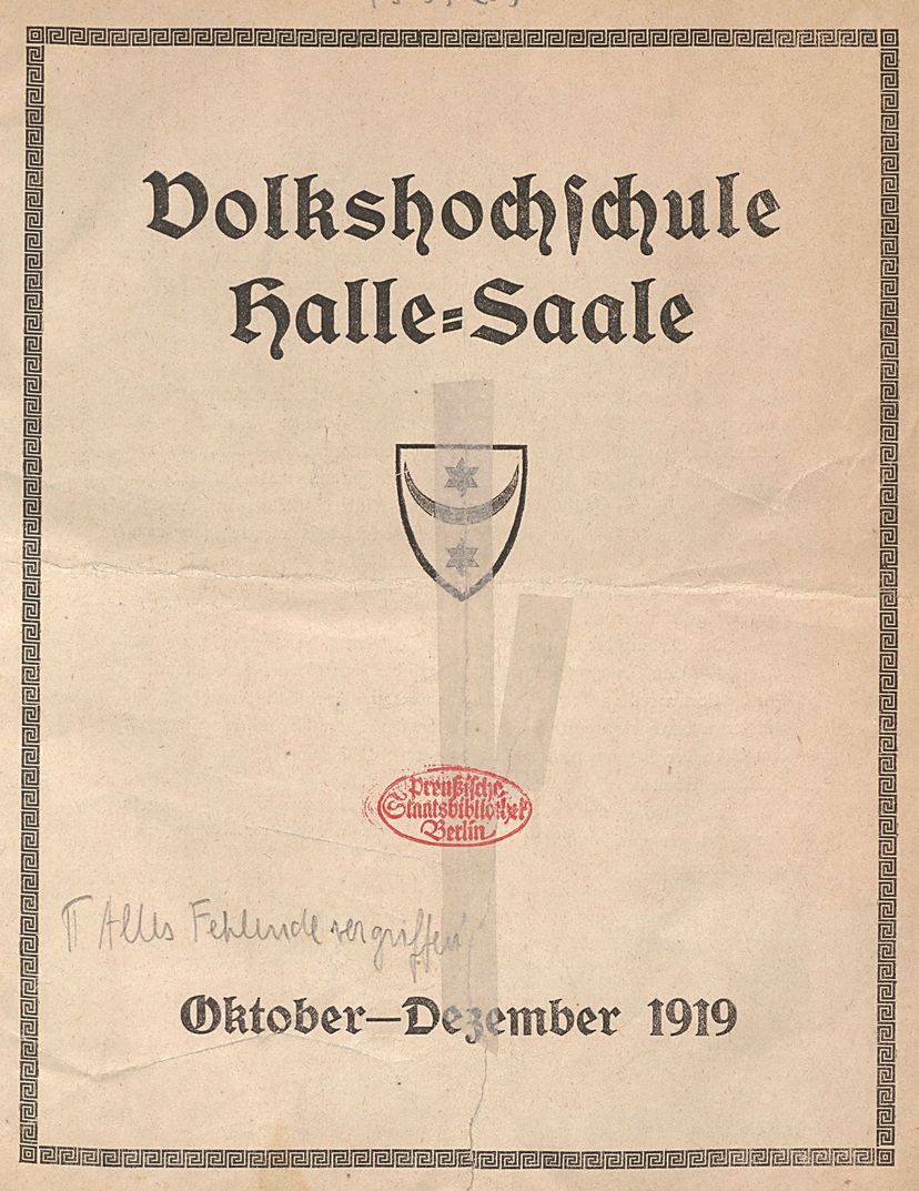 Deckblatt des ersten Arbeitsplans der Volkshochschule Halle vom Herbst 1919