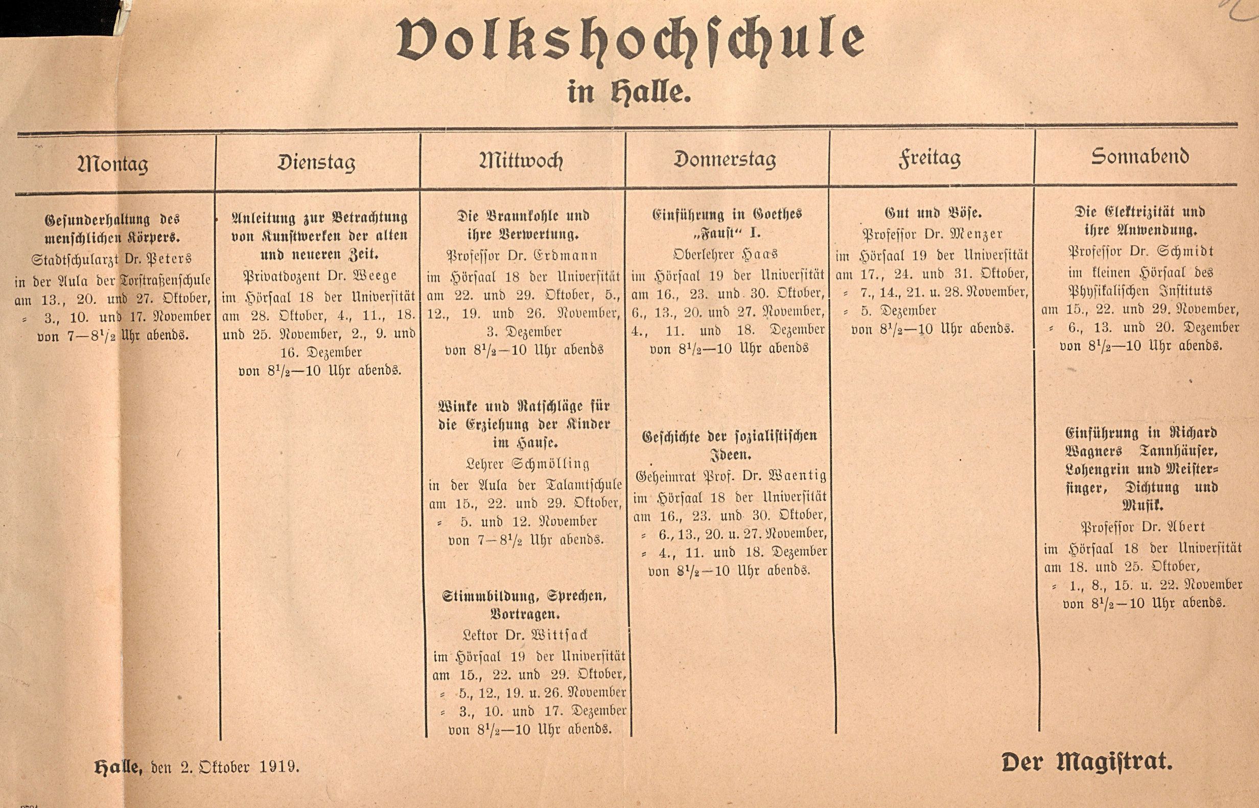 Stundenplan der Volkshochschule Halle aus dem Jahr 1919